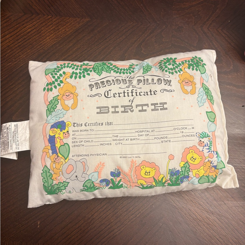 Vintage 1993 Luv N’ Care The Precious Pillow Certificate of Birth